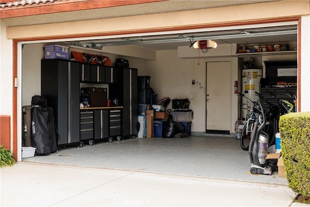 garage with a garage door opener and gas water heater