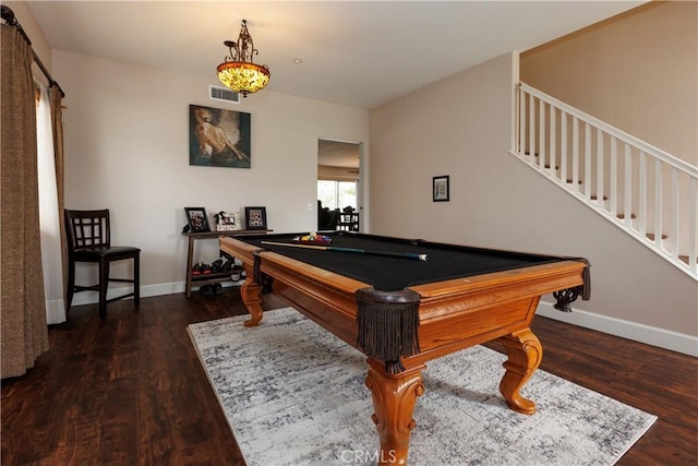 recreation room with dark wood-type flooring and pool table