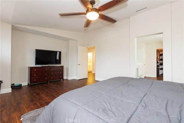 bedroom featuring dark hardwood / wood-style floors and ceiling fan