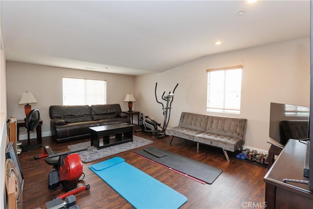 workout area with plenty of natural light, dark hardwood / wood-style floors, and vaulted ceiling