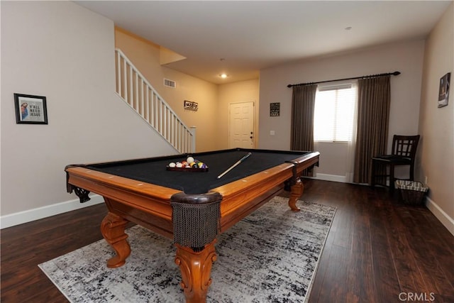 rec room featuring dark wood-type flooring and billiards