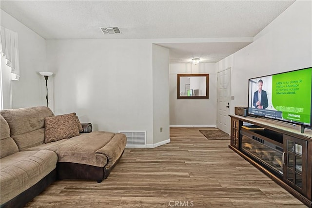 living room with hardwood / wood-style floors and a textured ceiling