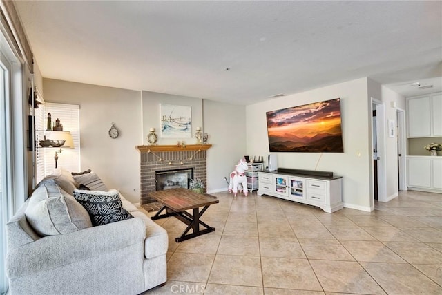 tiled living room with a fireplace