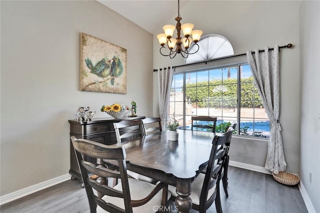 dining room with wood-type flooring and a notable chandelier