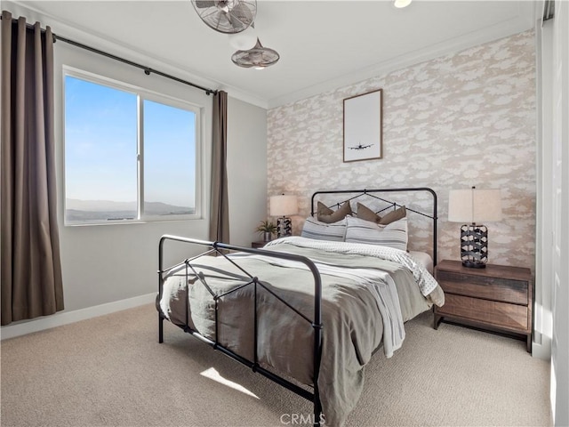 carpeted bedroom featuring ornamental molding