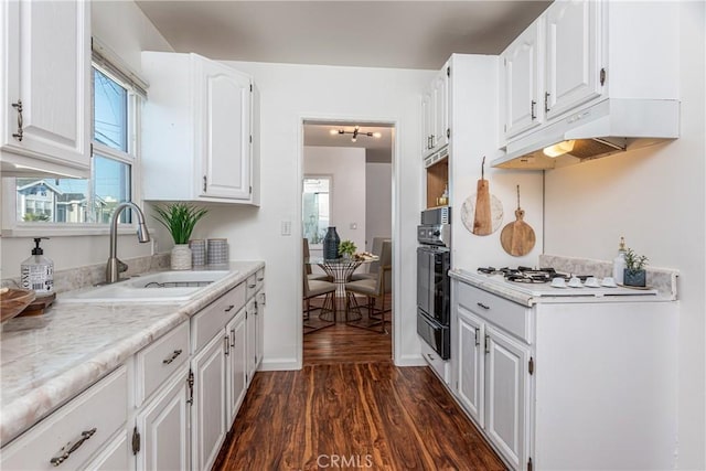 kitchen featuring white cabinetry, dark wood-type flooring, oven, and sink