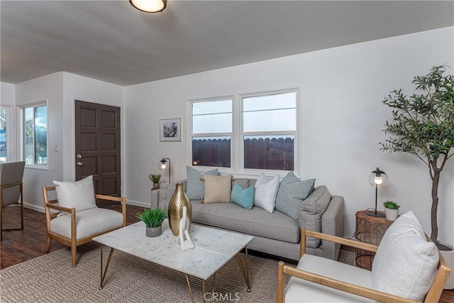 living room featuring hardwood / wood-style flooring and a healthy amount of sunlight