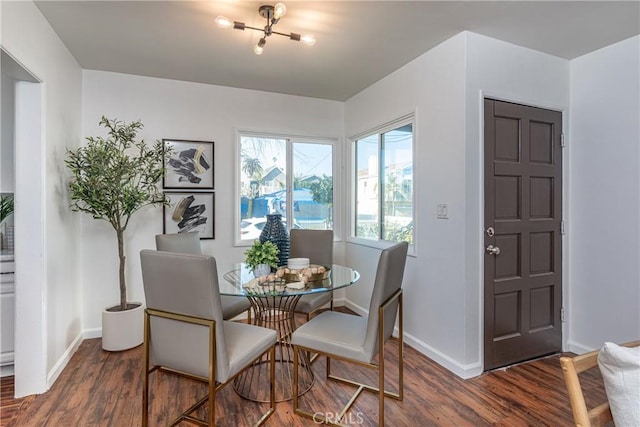 dining space with dark hardwood / wood-style flooring