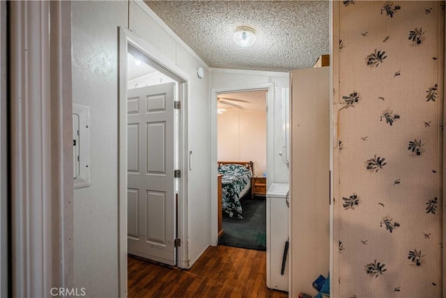 corridor with dark wood-type flooring and a textured ceiling