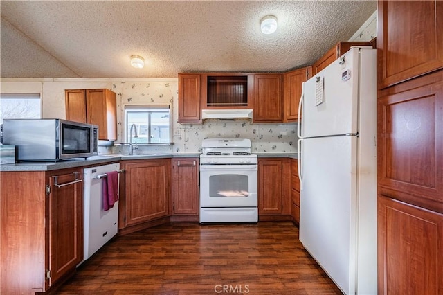 kitchen featuring sink, white appliances, dark wood-type flooring, and a textured ceiling