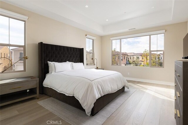 bedroom with wood-type flooring and a tray ceiling