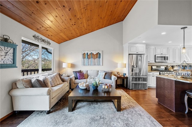 1430 Sequoia Dr, Lake Arrowhead, CA 92352 - living area featuring vaulted ceiling, dark wood-style floors, wooden ceiling, and recessed lighting