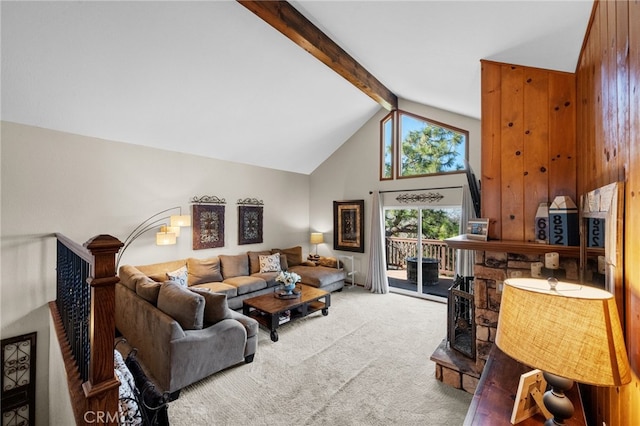 1430 Sequoia Dr, Lake Arrowhead, CA 92352 - living room with carpet floors, beam ceiling, and high vaulted ceiling