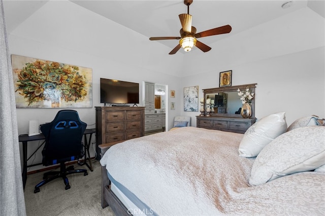 1430 Sequoia Dr, Lake Arrowhead, CA 92352 - carpeted bedroom featuring ceiling fan, ensuite bath, and lofted ceiling