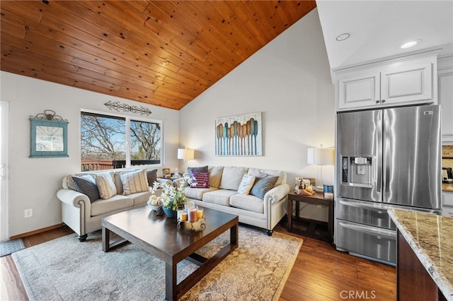1430 Sequoia Dr, Lake Arrowhead, CA 92352 - living room featuring dark wood finished floors, recessed lighting, wooden ceiling, and high vaulted ceiling