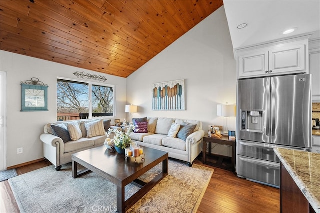 1430 Sequoia Dr, Lake Arrowhead, CA 92352 - living room with dark wood-style flooring, recessed lighting, wooden ceiling, and high vaulted ceiling