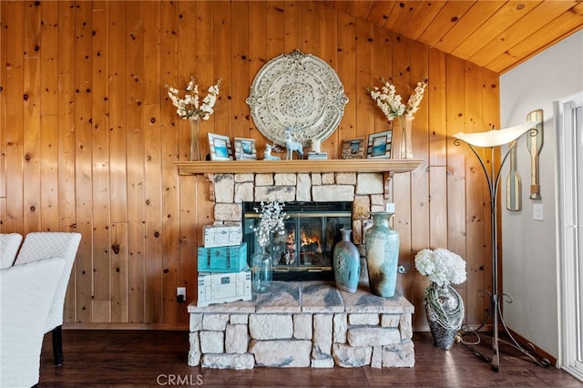 1430 Sequoia Dr, Lake Arrowhead, CA 92352 - detailed view of wood finished floors, wood walls, wooden ceiling, and a fireplace