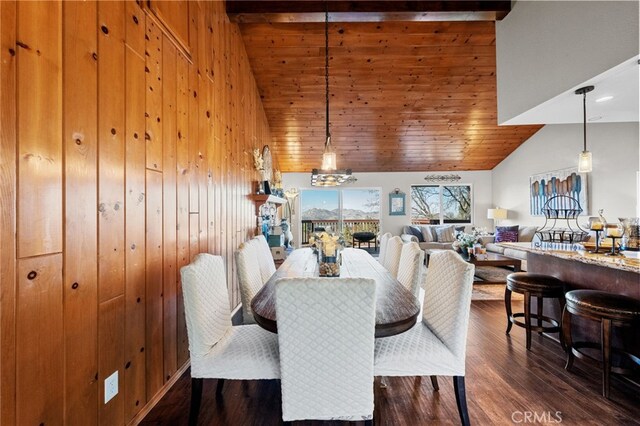1430 Sequoia Dr, Lake Arrowhead, CA 92352 - dining room with a chandelier, dark wood-type flooring, wood ceiling, wooden walls, and high vaulted ceiling