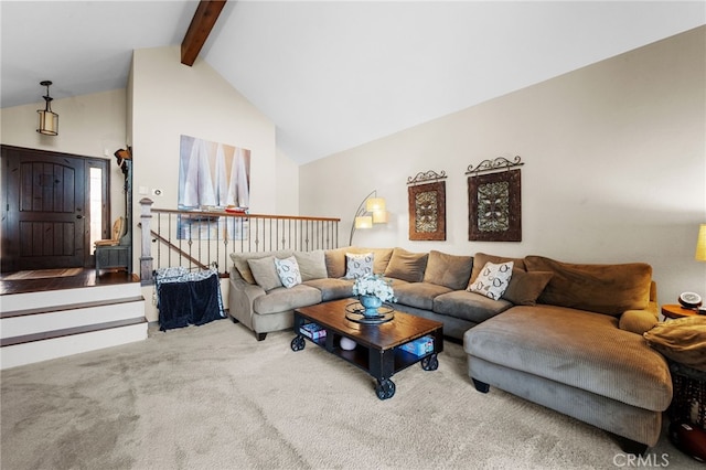 1430 Sequoia Dr, Lake Arrowhead, CA 92352 - carpeted living area featuring beamed ceiling and high vaulted ceiling