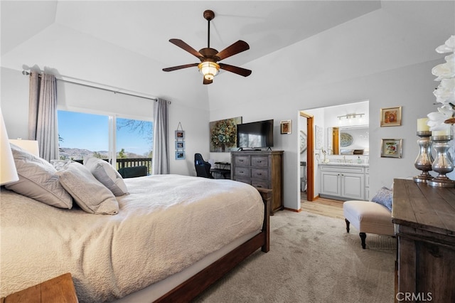 1430 Sequoia Dr, Lake Arrowhead, CA 92352 - bedroom with light colored carpet, a ceiling fan, ensuite bathroom, and high vaulted ceiling