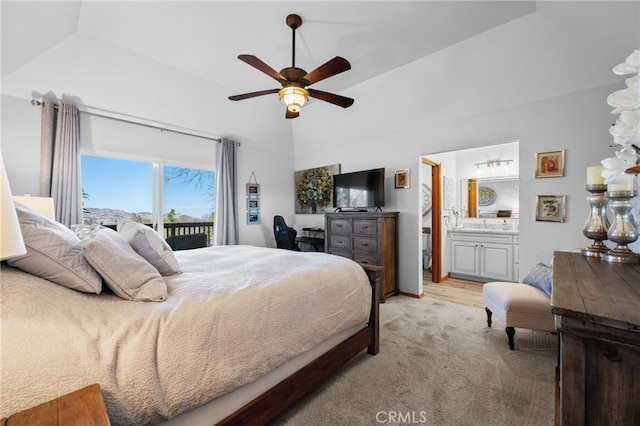 1430 Sequoia Dr, Lake Arrowhead, CA 92352 - bedroom with light carpet, ensuite bath, ceiling fan, and high vaulted ceiling