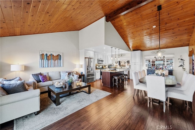 1430 Sequoia Dr, Lake Arrowhead, CA 92352 - living room featuring dark wood-style flooring, a chandelier, high vaulted ceiling, a wooden ceiling with exposed beams, and recessed lighting