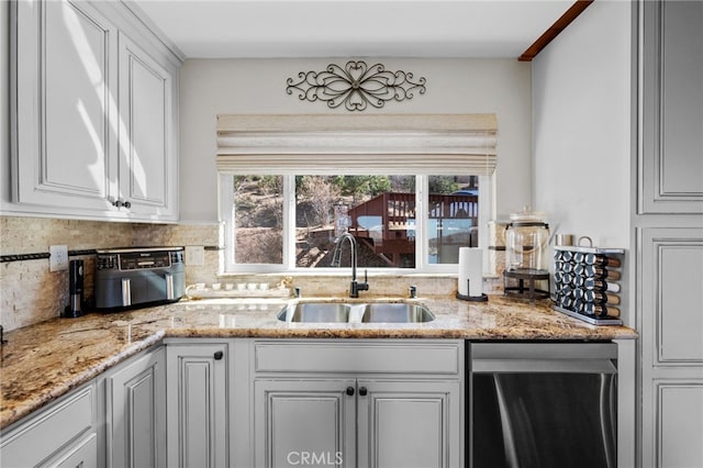 1430 Sequoia Dr, Lake Arrowhead, CA 92352 - kitchen with stainless steel dishwasher, backsplash, white cabinets, and light stone counters