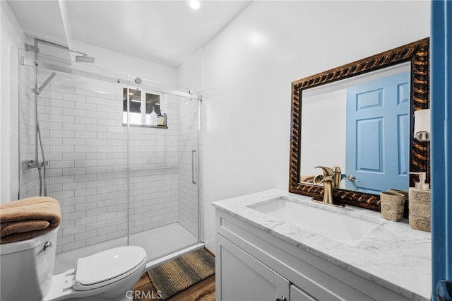 1430 Sequoia Dr, Lake Arrowhead, CA 92352 - full bathroom with vanity, a stall shower, recessed lighting, and wood finished floors