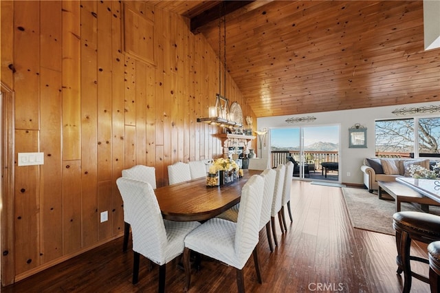 1430 Sequoia Dr, Lake Arrowhead, CA 92352 - dining room featuring a wood ceiling with exposed beams, hardwood / wood-style flooring, wooden walls, and high vaulted ceiling
