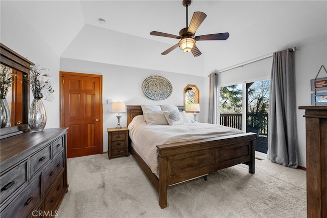 1430 Sequoia Dr, Lake Arrowhead, CA 92352 - bedroom featuring light carpet, vaulted ceiling, ceiling fan, and access to outside