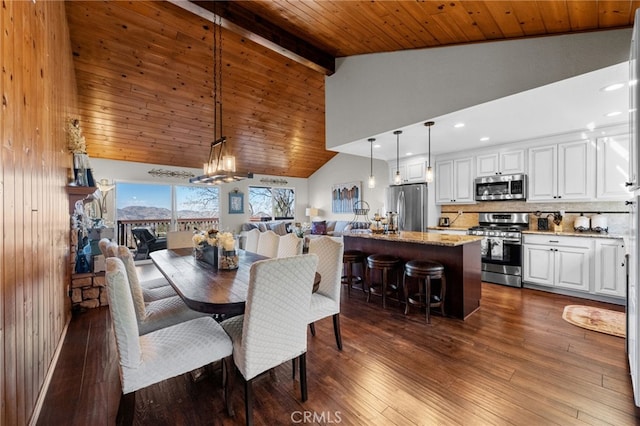 1430 Sequoia Dr, Lake Arrowhead, CA 92352 - dining area with dark wood-style floors, a chandelier, high vaulted ceiling, a wood ceiling with exposed beams, and recessed lighting