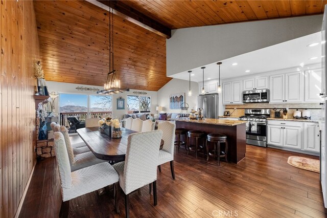 1430 Sequoia Dr, Lake Arrowhead, CA 92352 - dining space with dark wood-type flooring, high vaulted ceiling, a chandelier, a wooden ceiling with exposed beams, and recessed lighting