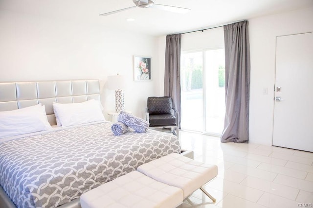 bedroom featuring access to exterior and ceiling fan