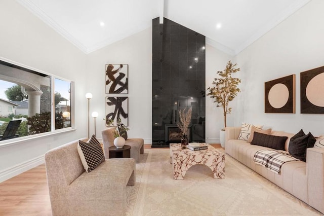 living room with ornamental molding, high vaulted ceiling, and light hardwood / wood-style floors