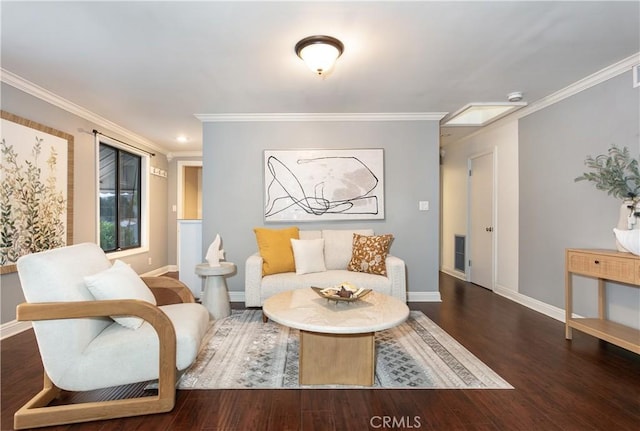 living room featuring crown molding and dark wood-type flooring