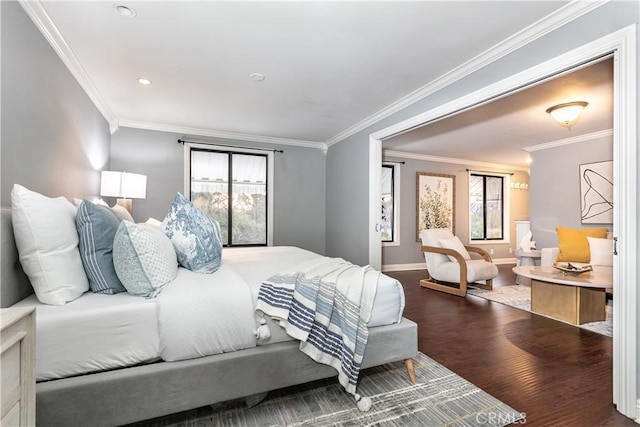 bedroom featuring ornamental molding and dark wood-type flooring