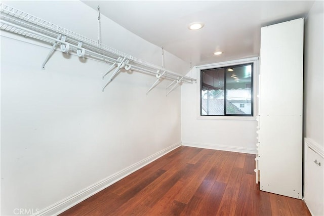 walk in closet with dark hardwood / wood-style flooring