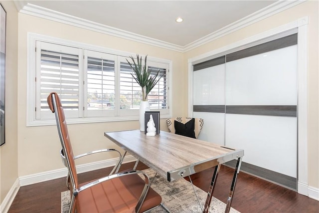 home office featuring crown molding and dark hardwood / wood-style floors