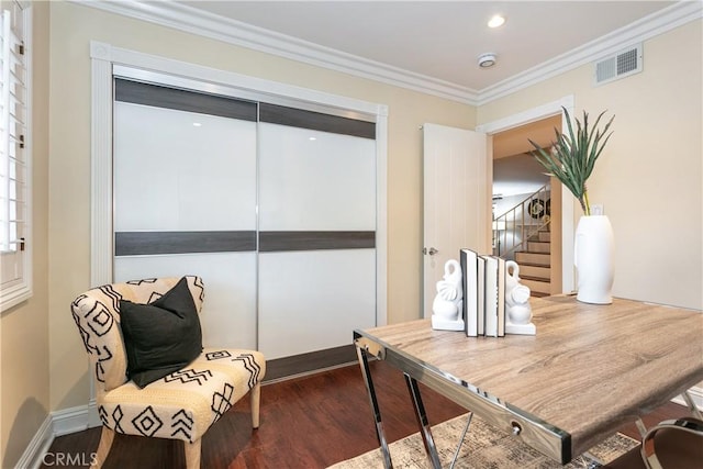 office space with crown molding and dark hardwood / wood-style floors