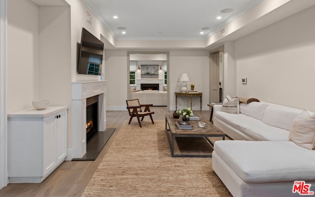 living room with crown molding and light wood-type flooring