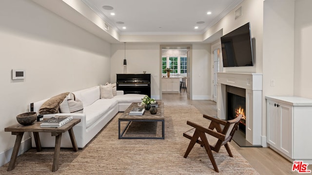 living room featuring a raised ceiling, ornamental molding, and light hardwood / wood-style floors