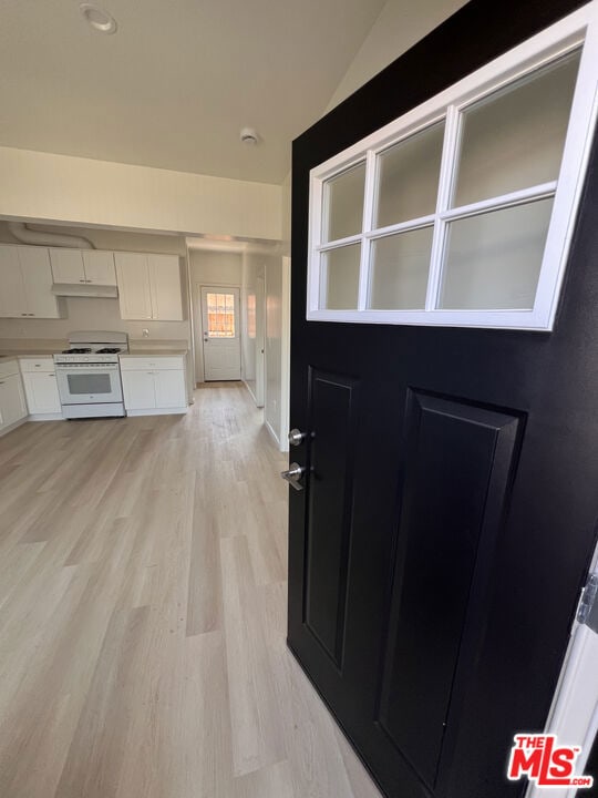 interior space featuring vaulted ceiling and light hardwood / wood-style flooring