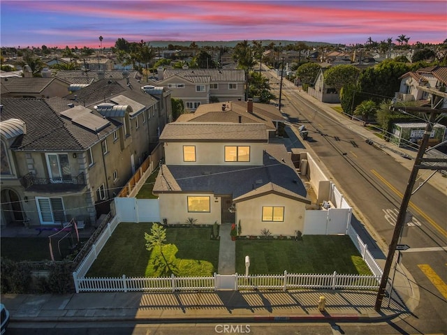 view of aerial view at dusk