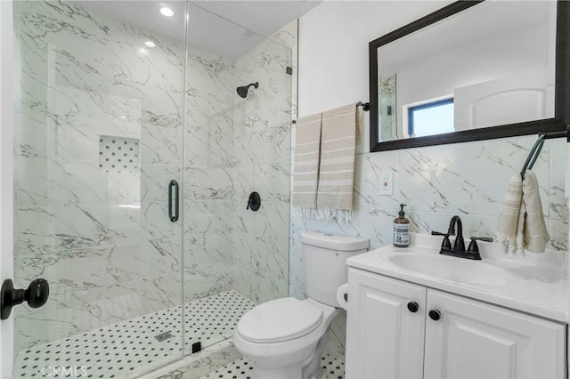 bathroom with toilet, an enclosed shower, tile walls, vanity, and decorative backsplash