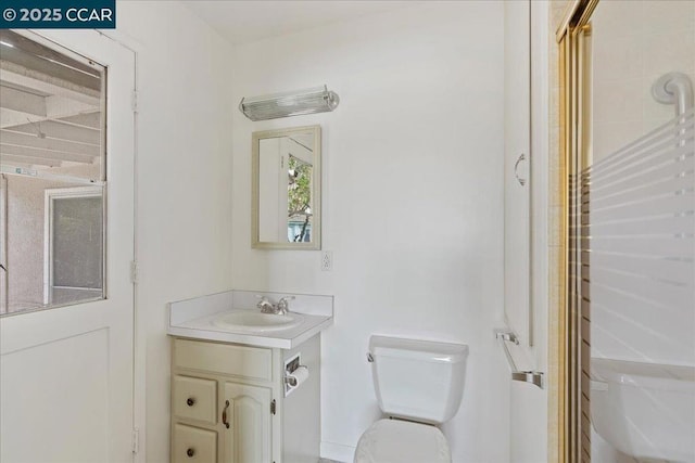 bathroom with a shower with door, vanity, and toilet