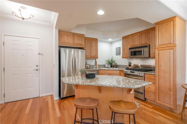 kitchen featuring stainless steel appliances, light stone countertops, a center island, and sink