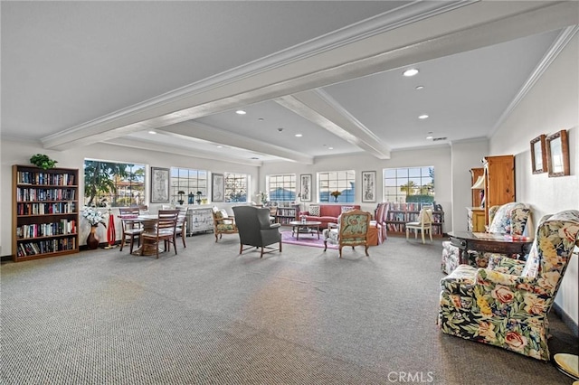 interior space featuring beam ceiling, ornamental molding, and carpet