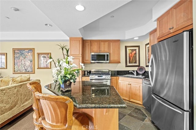 kitchen with sink, appliances with stainless steel finishes, a kitchen breakfast bar, a tray ceiling, and a kitchen island