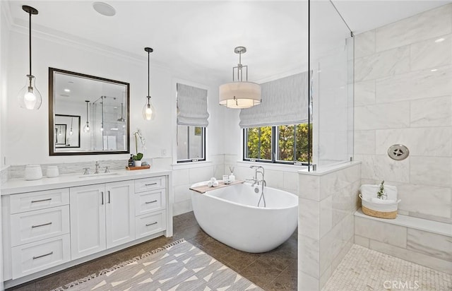 bathroom featuring tile patterned floors, shower with separate bathtub, tile walls, ornamental molding, and vanity