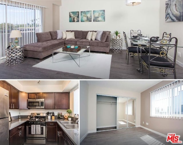 interior space with dark wood-type flooring, appliances with stainless steel finishes, sink, and dark brown cabinets